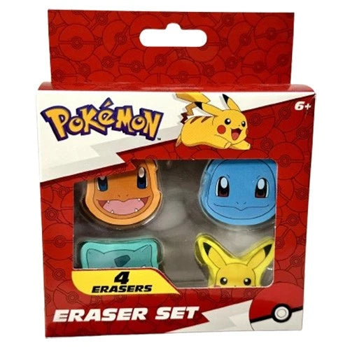 Pokemon 4-Pack Shaped Eraser Collection featuring four character-shaped erasers including Pikachu, Squirtle, Charmander, and Bulbasaur in a red Pokémon branded