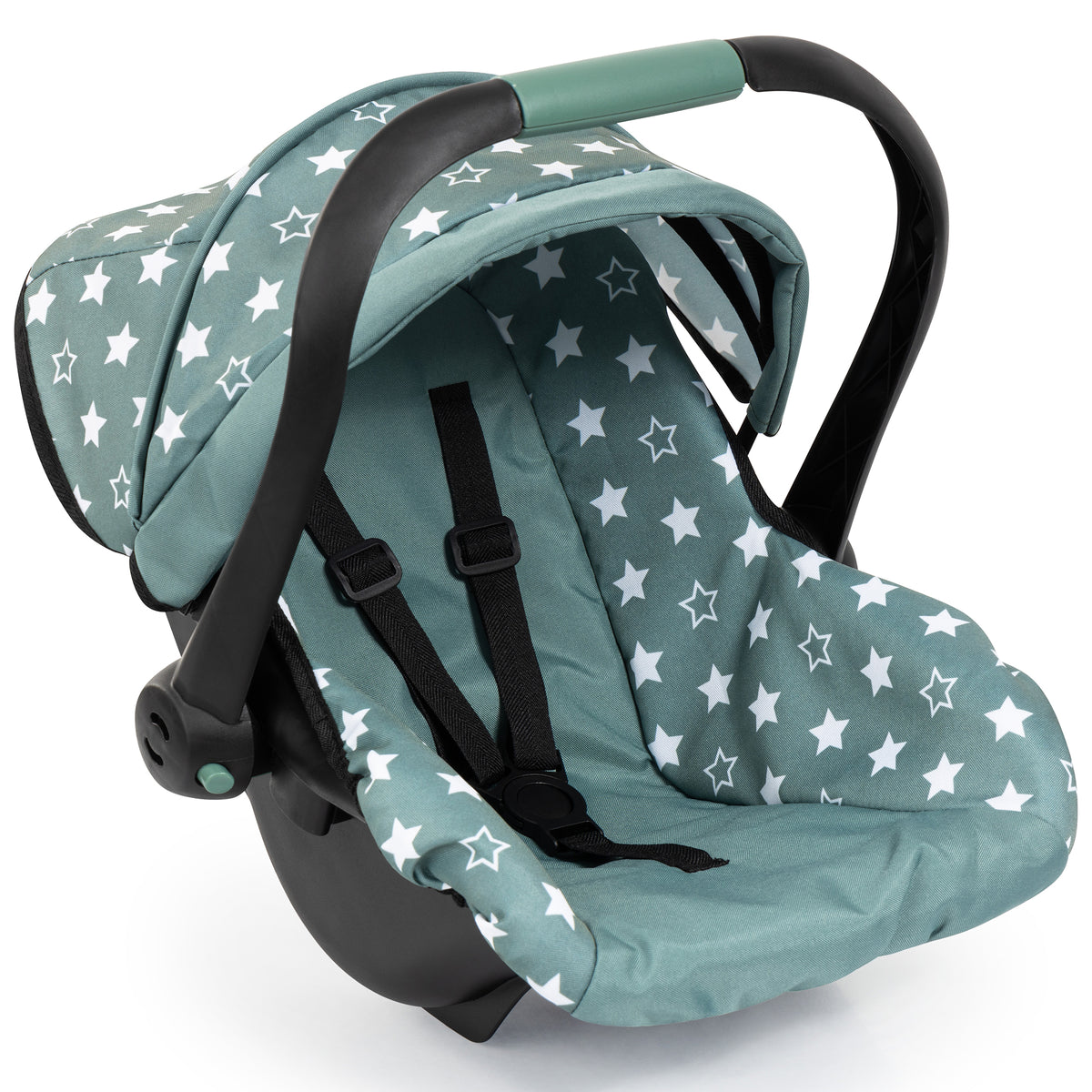 Doll car seat with sage green fabric featuring white and outlined stars, black handles, harness straps, and sunshade canopy
