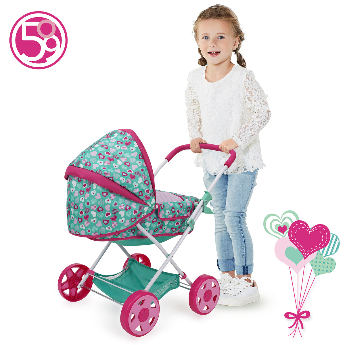 Mint Heart Daisy Doll Pram in pink and green with heart pattern, girl pushing stroller