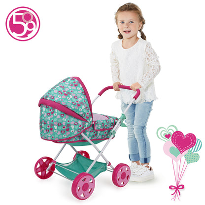 Mint Heart Daisy Doll Pram in pink and green with heart pattern, girl pushing stroller