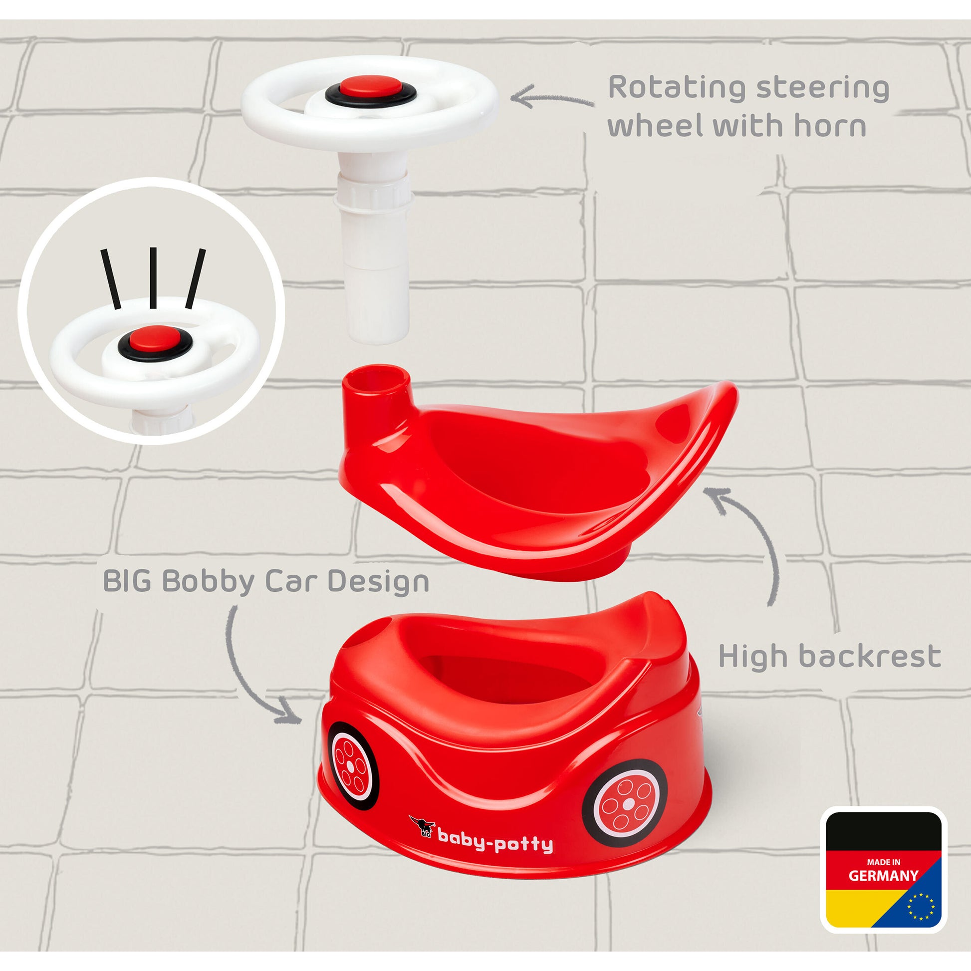 BIG Baby Potty Bobby Car Design red with steering wheel and high backrest