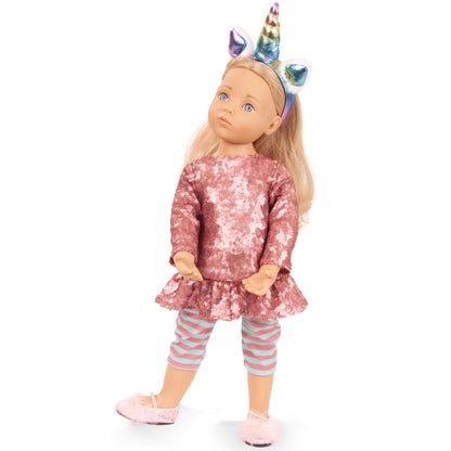 Gotz Happy Kidz Anna Unicorn 19.5 inch doll with blonde hair, pink sequin dress, striped leggings and colorful unicor...