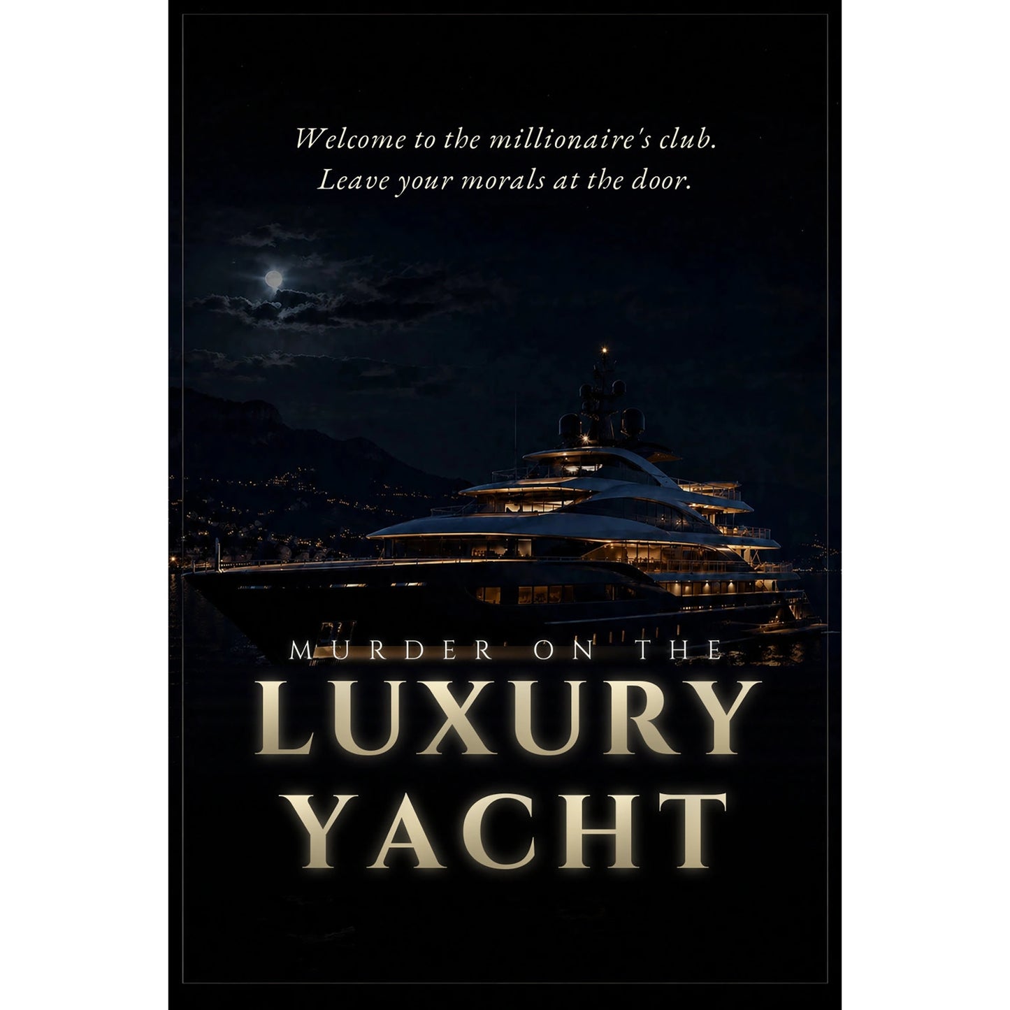 Murder on the Luxury Yacht interactive party game box featuring illuminated yacht at night