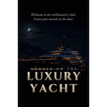 Murder on the Luxury Yacht interactive party game box featuring illuminated yacht at night