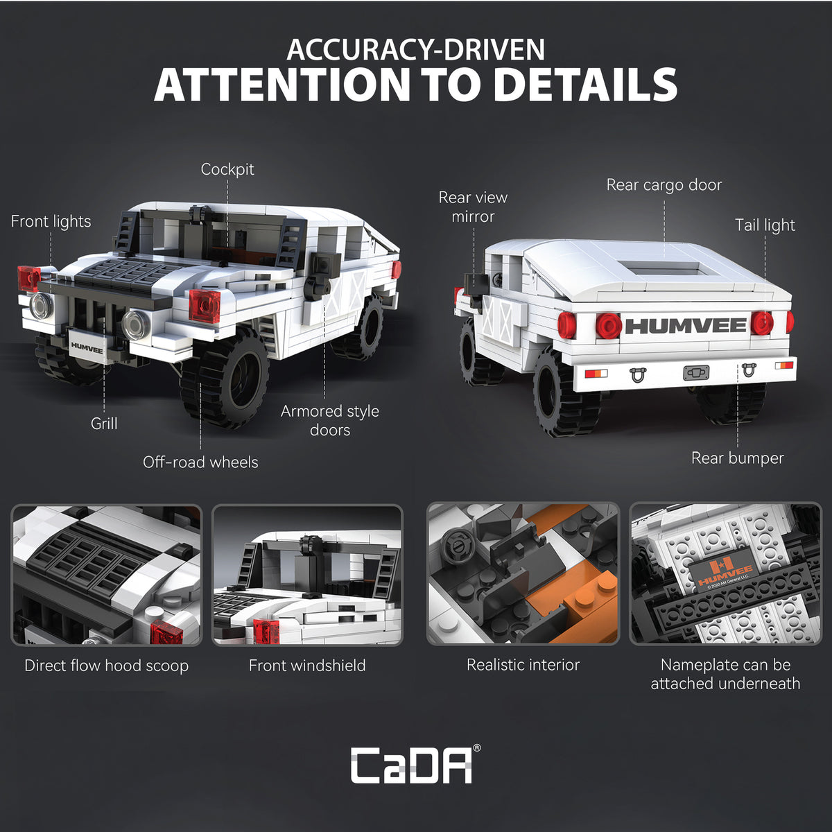 CaDA Humvee 1:24 scale building set with white and red military vehicle shown from front and rear angles