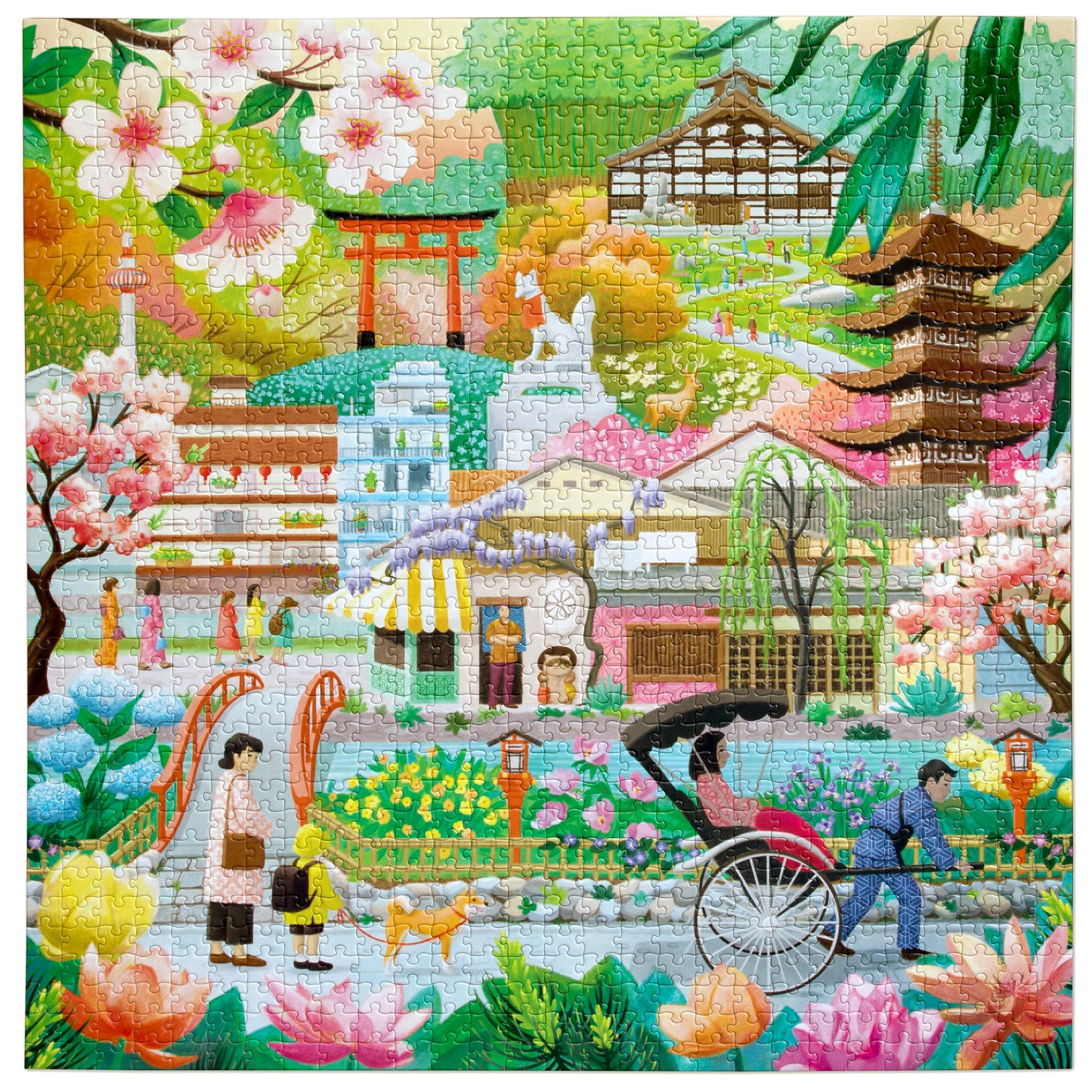 eeBoo Seasons in Kyoto 1000-piece jigsaw puzzle featuring colorful Japanese garden scene with temples, flowers, and p...