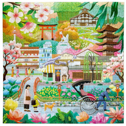 eeBoo Seasons in Kyoto 1000-piece jigsaw puzzle featuring colorful Japanese garden scene with temples, flowers, and p...