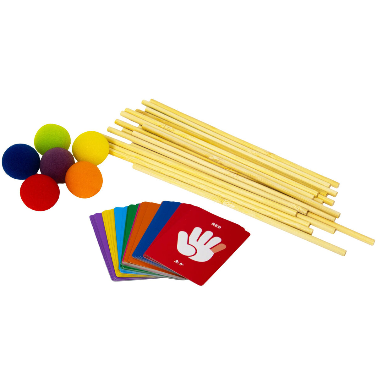 KESS Yubibo cooperative party game with colorful balls, wooden sticks, and color challenge cards for 2-8 players