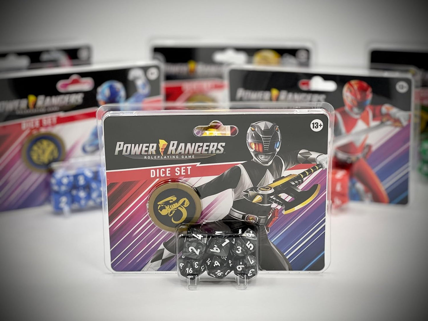 Power Rangers RPG Dice Set - Black 8-piece dice with gold power coin included