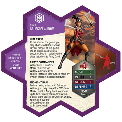 Heroscape Crimson Widow army expansion with purple card showing female pirate hero miniature and game stats