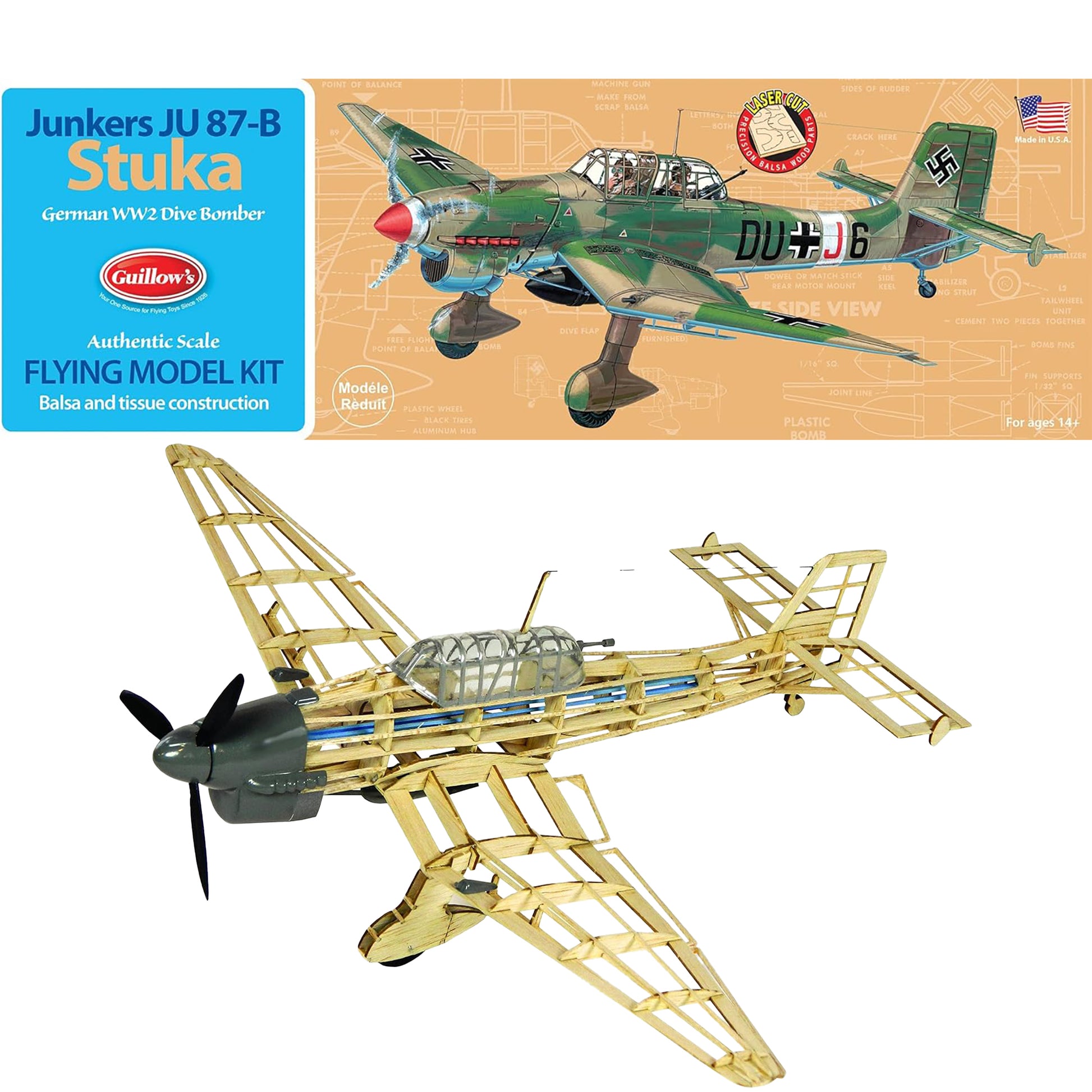 Junkers JU 87-B Stuka German WW2 Dive Bomber Flying Model Kit by Guillows with balsa construction
