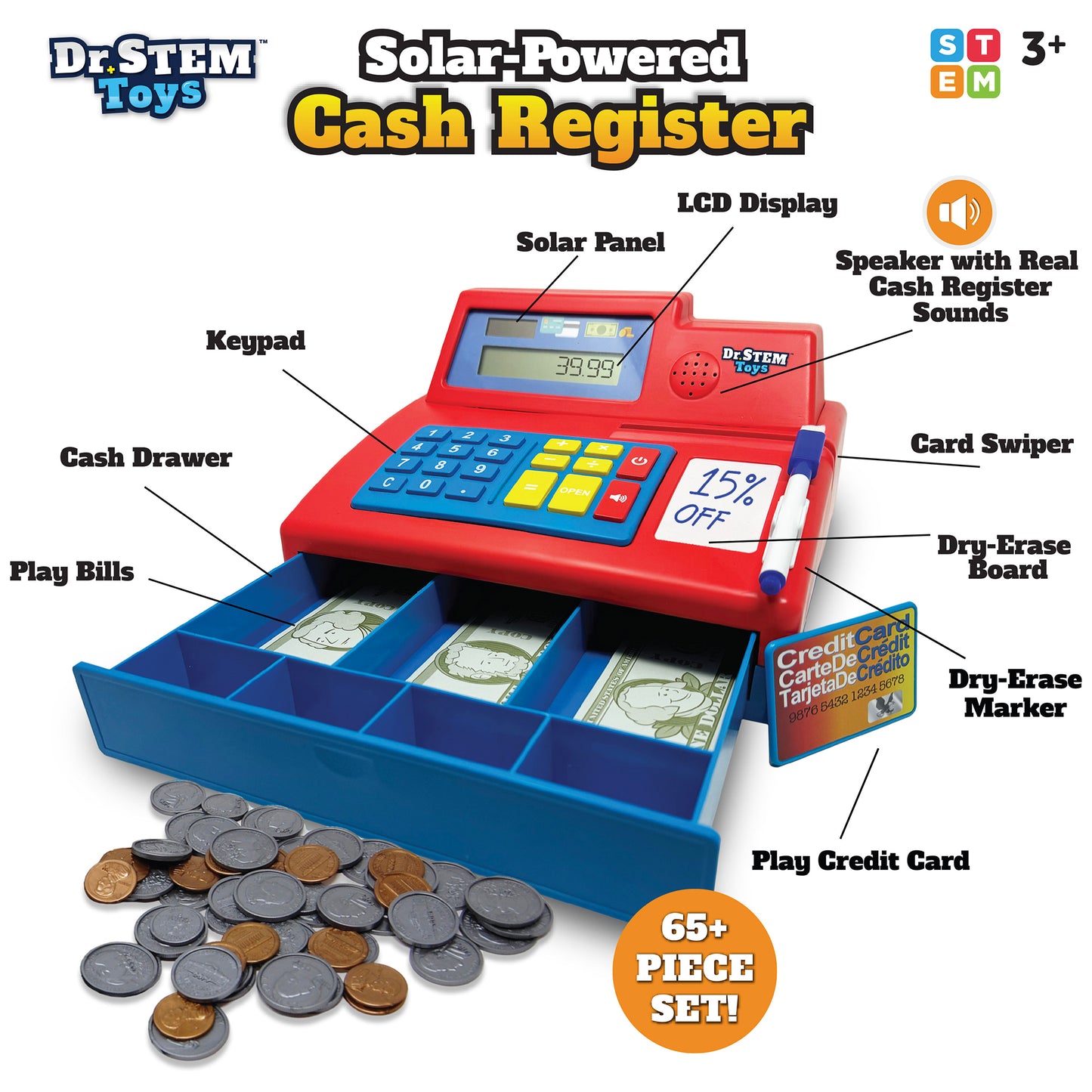 Dr. STEM: Solar-Powered Cash Register - Red - 68pc Educational Store Roleplay Toy