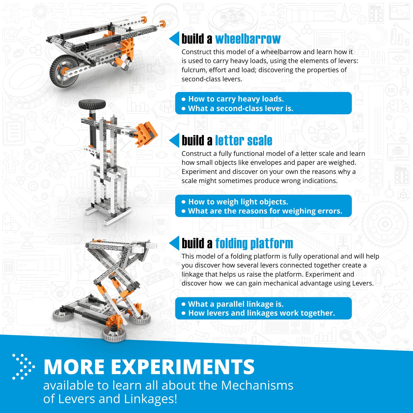 Engino Levers & Linkages STEM building set with wheelbarrow, letter scale, and folding platform models in orange and ...