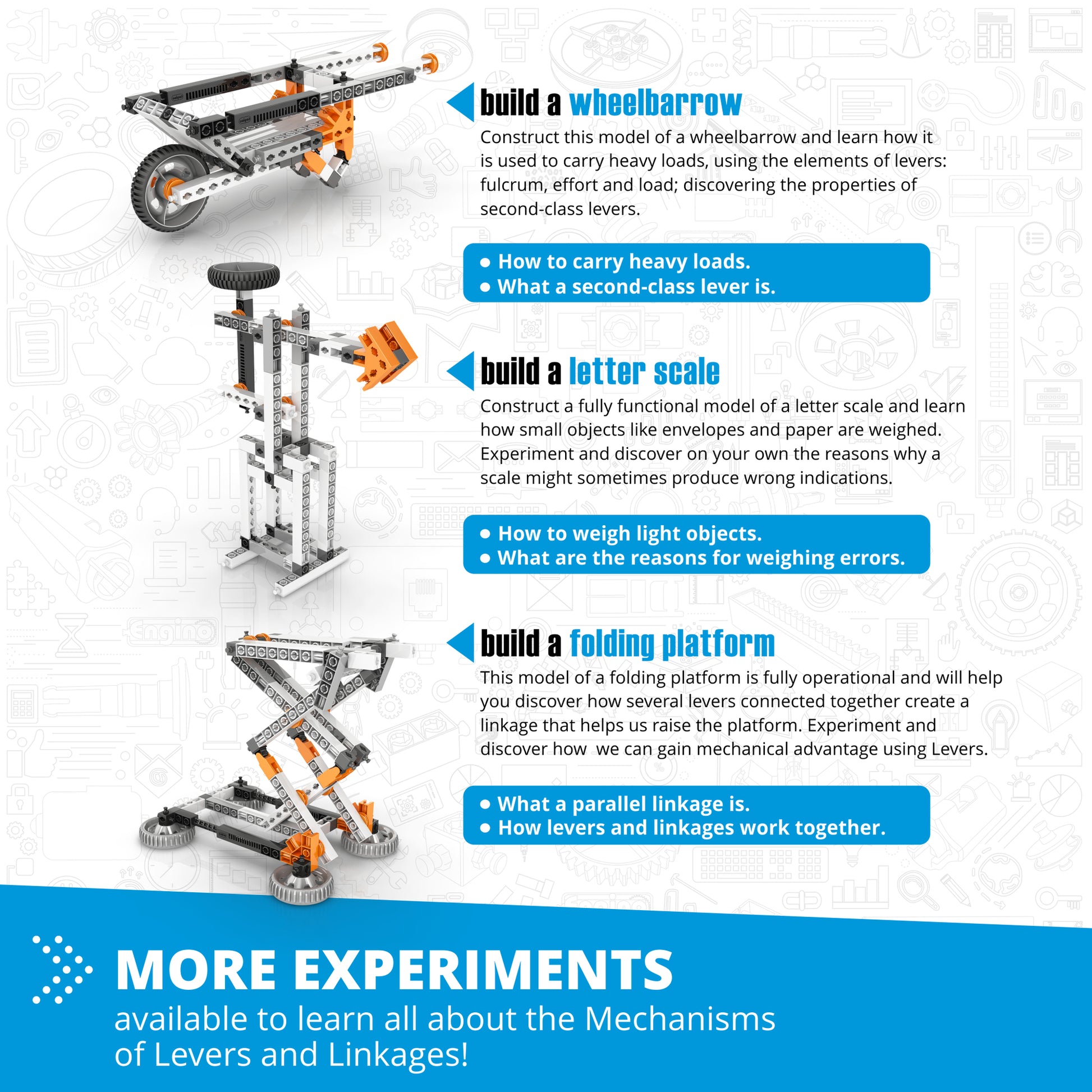 Engino Levers & Linkages STEM building set with wheelbarrow, letter scale, and folding platform models in orange and ...