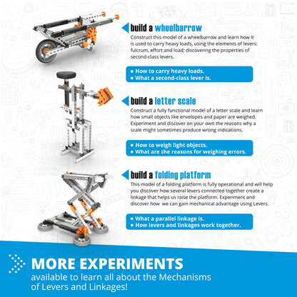 Engino Levers & Linkages STEM building set with wheelbarrow, letter scale, and folding platform models in orange and ...