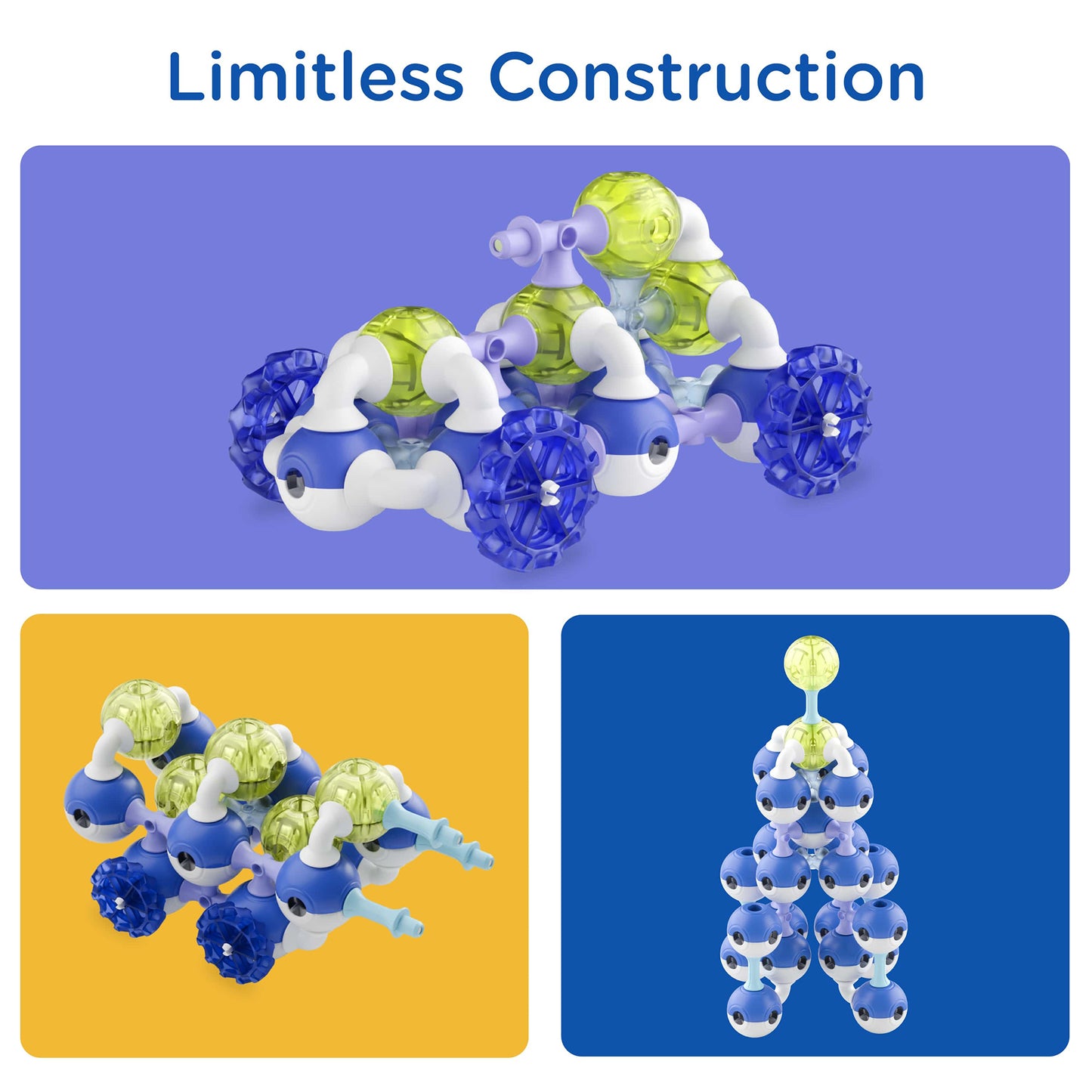 KUB Planet Magnetic Building Set in neon green and blue, showing modular construction toys assembled into vehicles an...