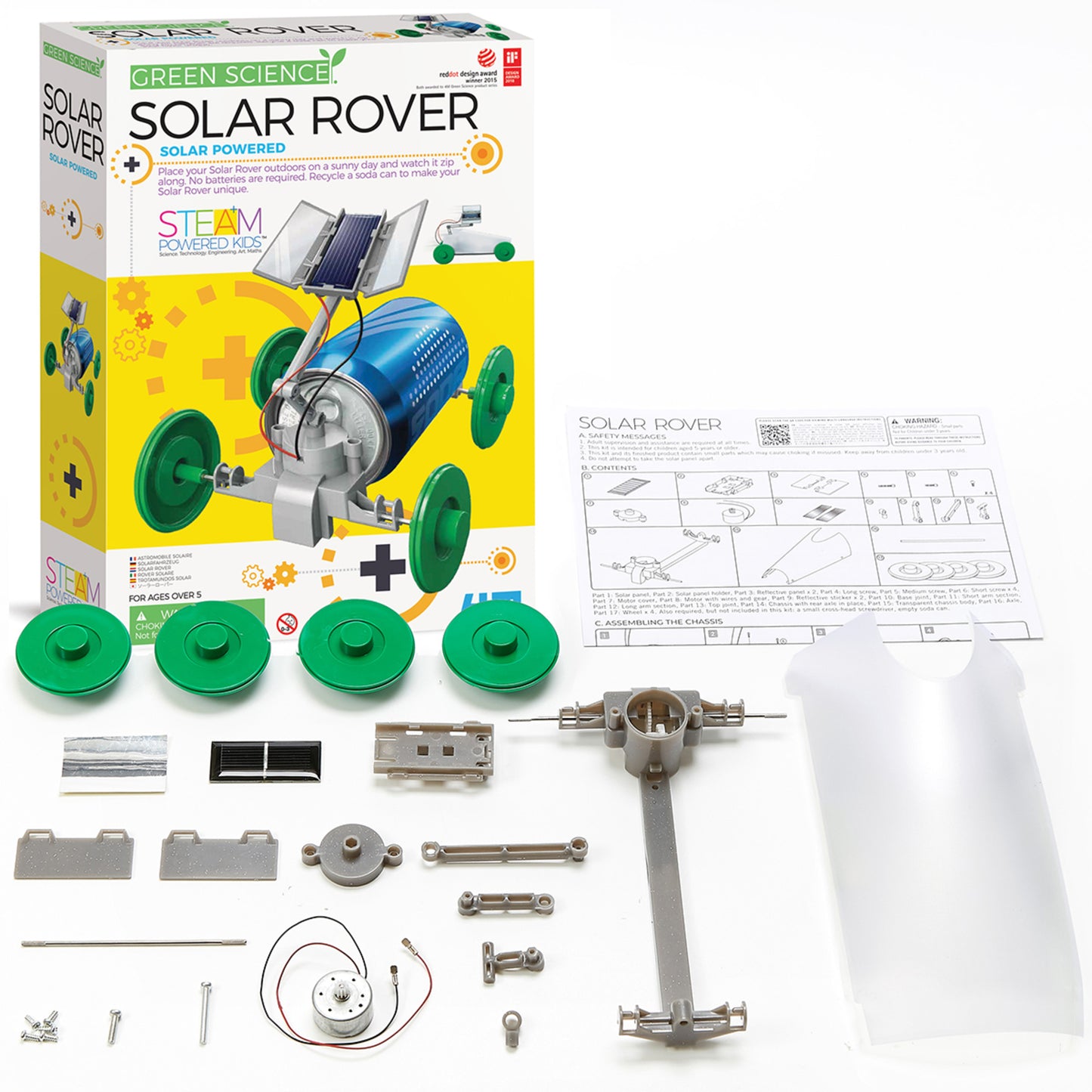 4M Green Science Solar Rover DIY kit with solar panel, blue motor, green wheels, and metal parts