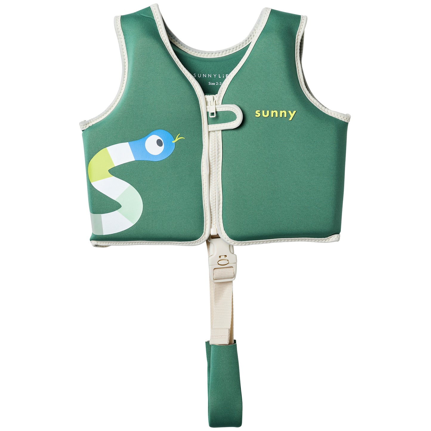 Sunnylife Into The Jungle Float Vest green with toucan design and white safety strap