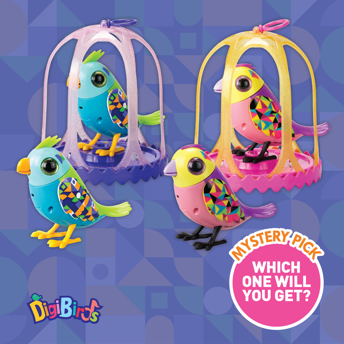 DigiBirds Interactive Singing Bird & Cage in assorted colors with vibrant feather patterns and matching cages