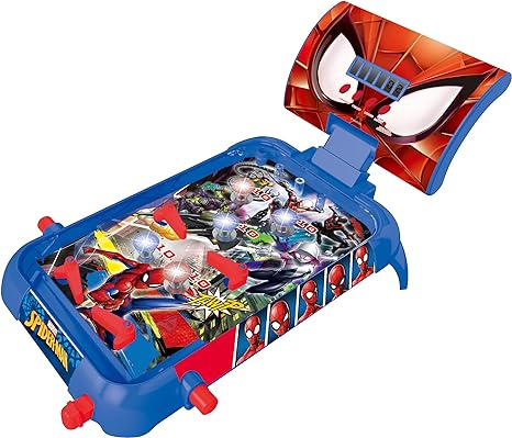 Spider-Man themed electronic pinball machine with blue base, red flippers, and red mask-shaped backboard featuring character graphics