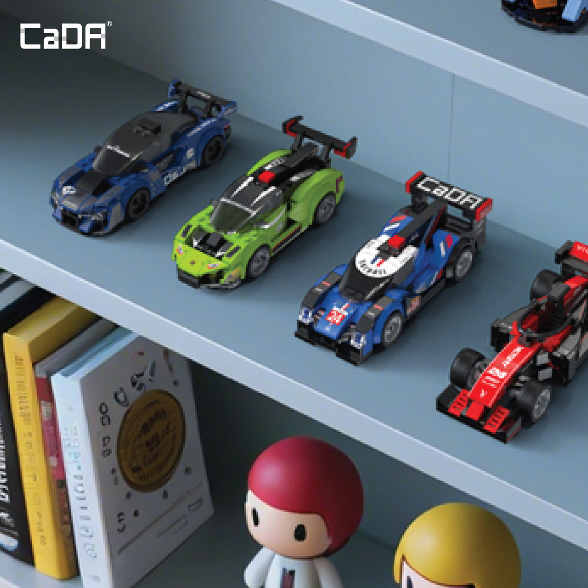 CaDA Velocity Hurricane race car building set displayed on shelf with completed model