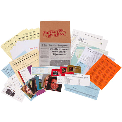 Detective For A Day murder mystery game with police files, photos, and clues spread out