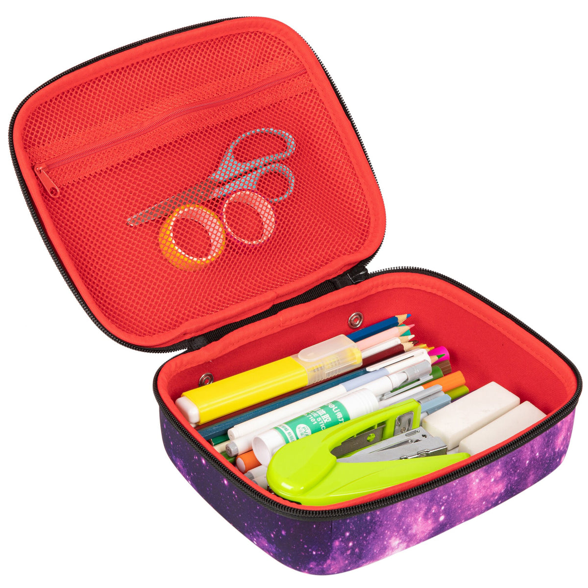 ZIPIT Jumbo Pencil Case in purple with red interior, open to show organized school supplies including pencils, marker...