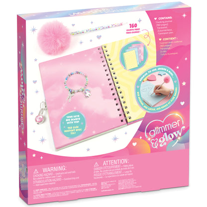 Glimmer & Glow pink locking journal with pom pom pen, charm bracelet, and key holder