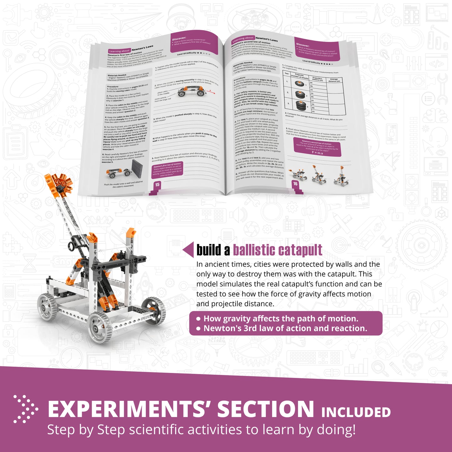 Engino Newton's Laws STEM building set with orange and black ballistic catapult model