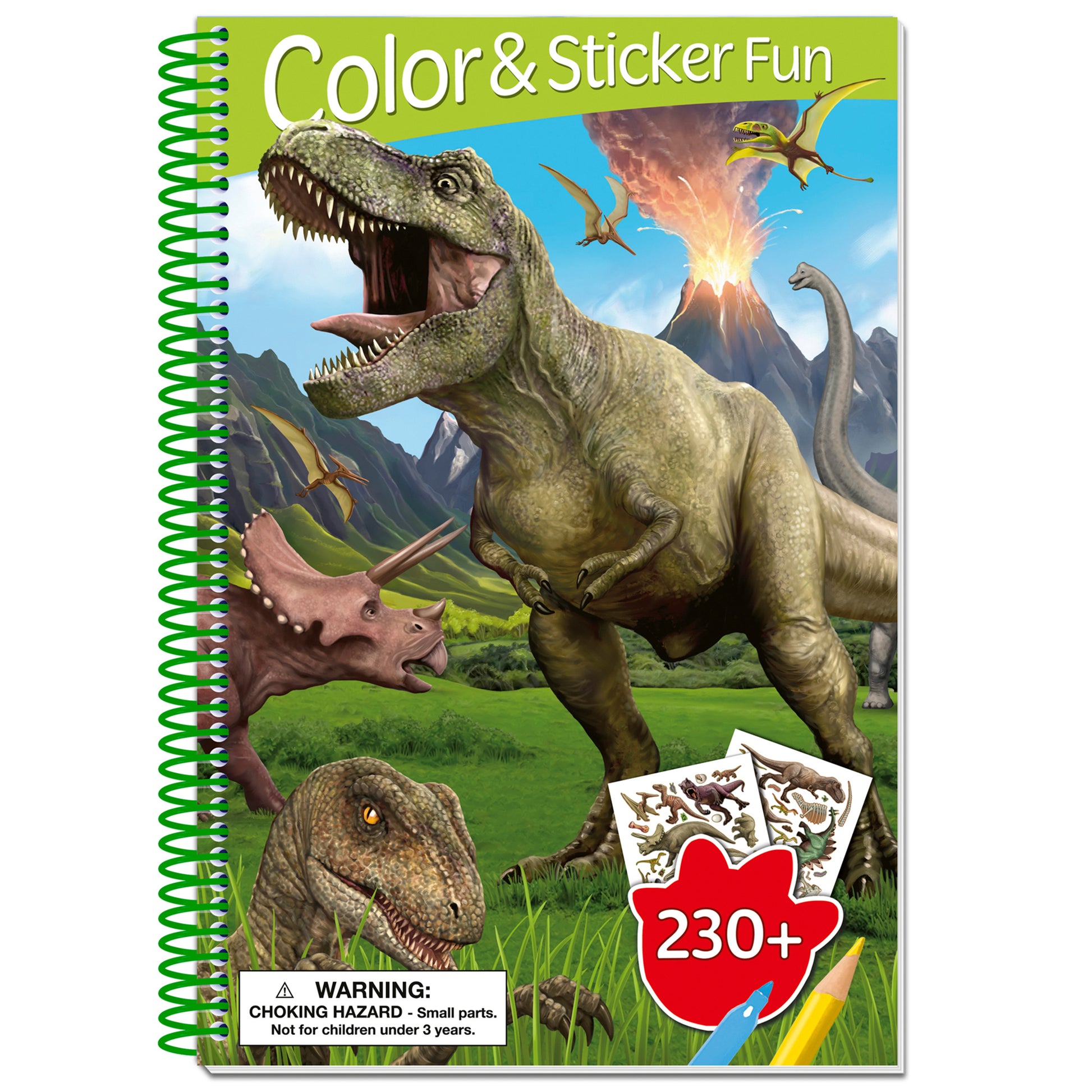 Color & Sticker Fun Dinosaurs spiral-bound book with 230+ stickers and coloring pages