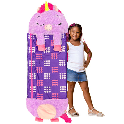Happy Nappers Purple Unicorn pillow and sleepy sack with heart pattern, medium size
