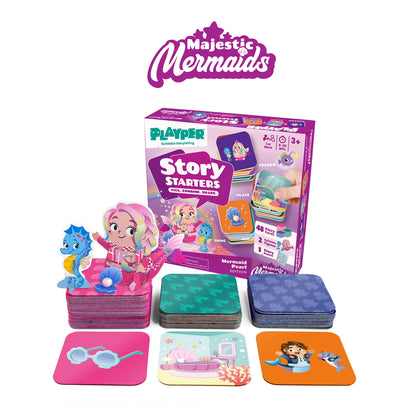 Story Starters Mermaid Pearl Edition card game with colorful story cards and mermaid character figurine