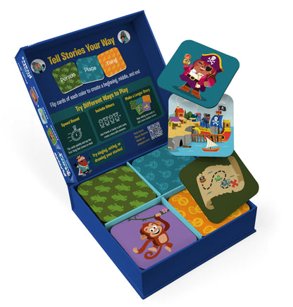 Story Starters Pirate Max Edition card game with colorful story-building cards in blue box