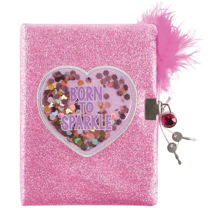 Born To Sparkle pink glitter locking journal with heart-shaped sequin window and feather pen