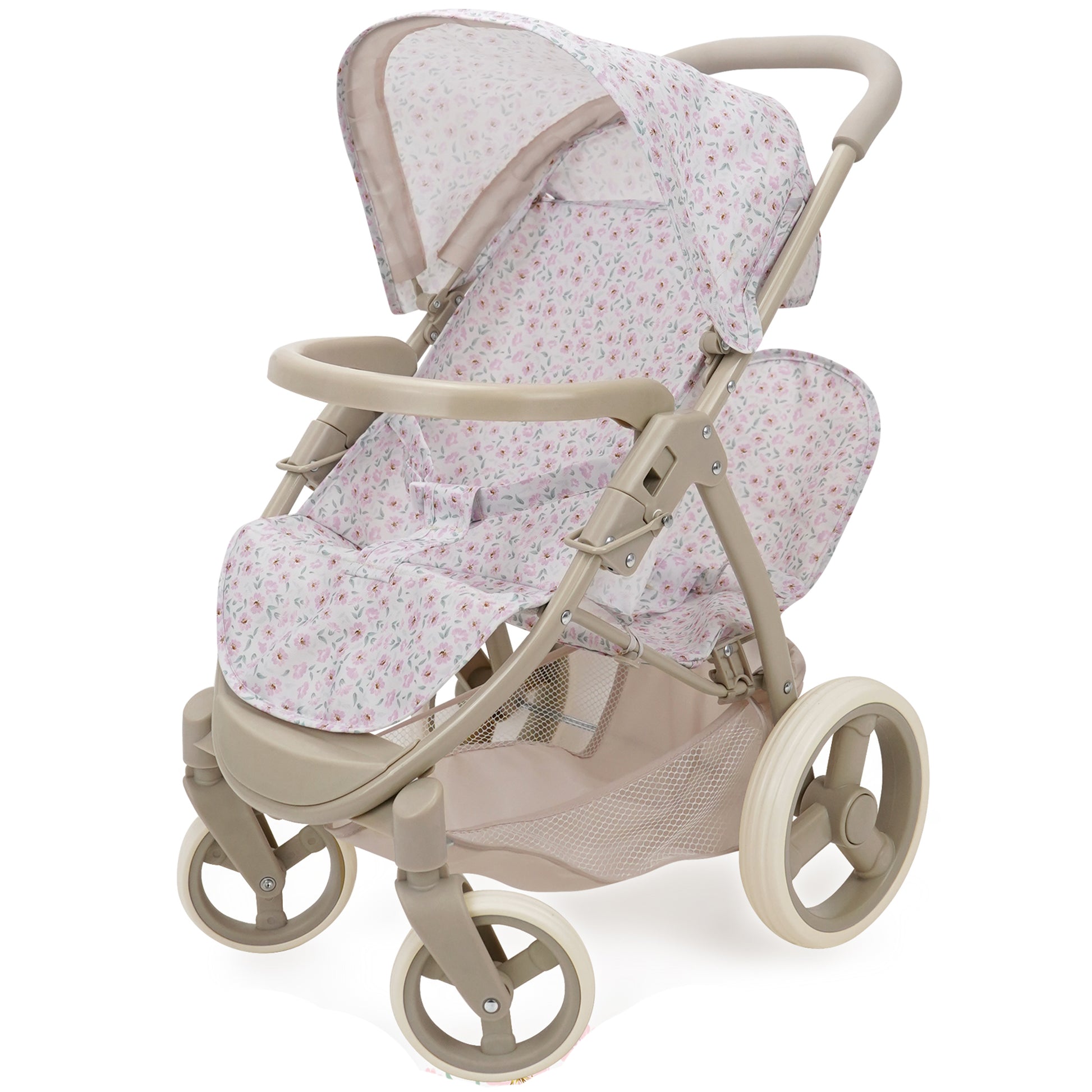 Little Flora Mabelle Duo Twin Doll Stroller with pink floral fabric and beige frame