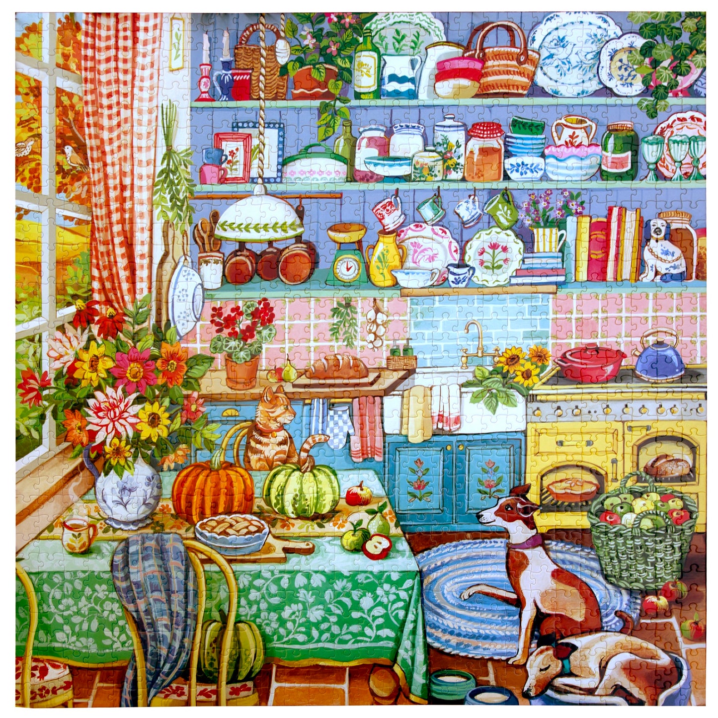 Piece&Love Harvest Kitchen 1000pc Puzzle featuring colorful vintage kitchen scene with shelves, cat, and fall produce