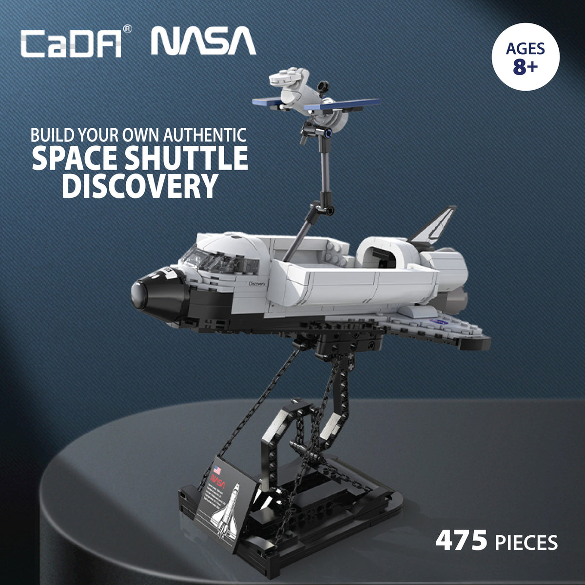 CaDA NASA Space Shuttle Discovery 475-piece building set with white and black shuttle, satellite, and display stand