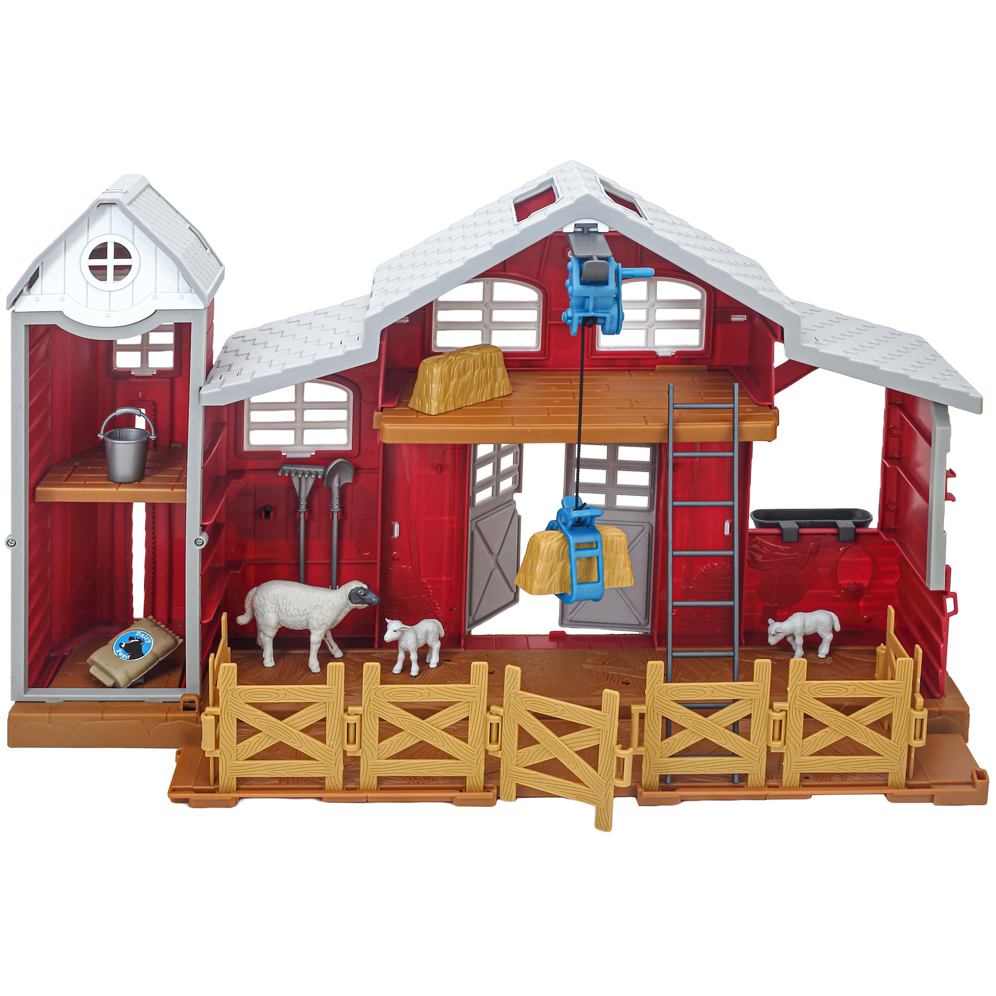 Dairy Barn Playset with red barn, white roof, animals, and 38 pieces