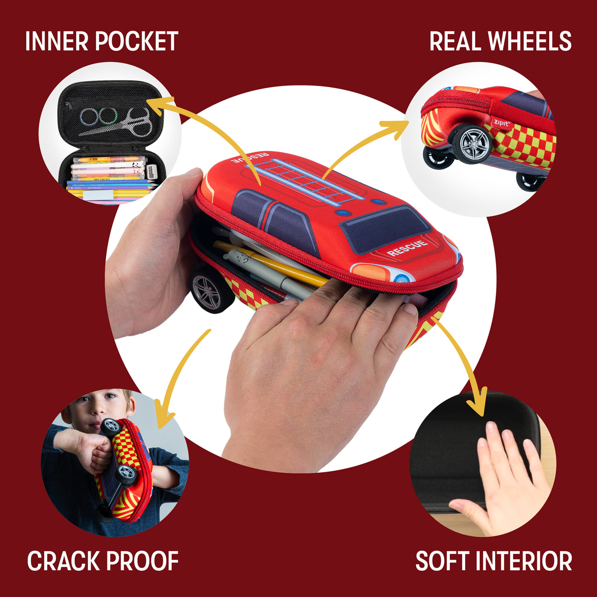 Red fire truck pencil case with spinning wheels, inner pocket, and clamshell design