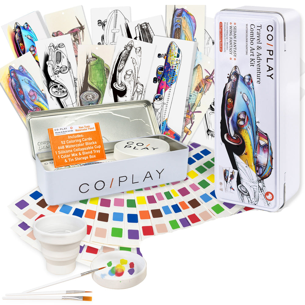 COIPLAY Watercolor Art Kit with 52 coloring cards, 448 watercolor blocks, brushes, and tin storage box