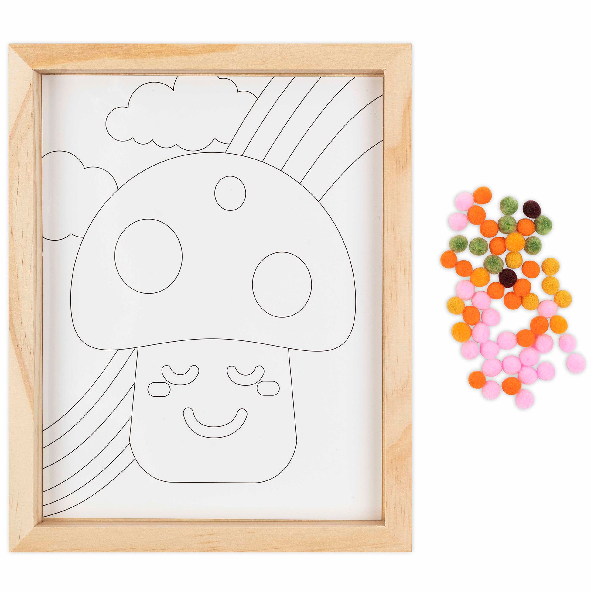 Pom Art Fuzzy Mushroom craft kit with outline drawing and colorful pom poms