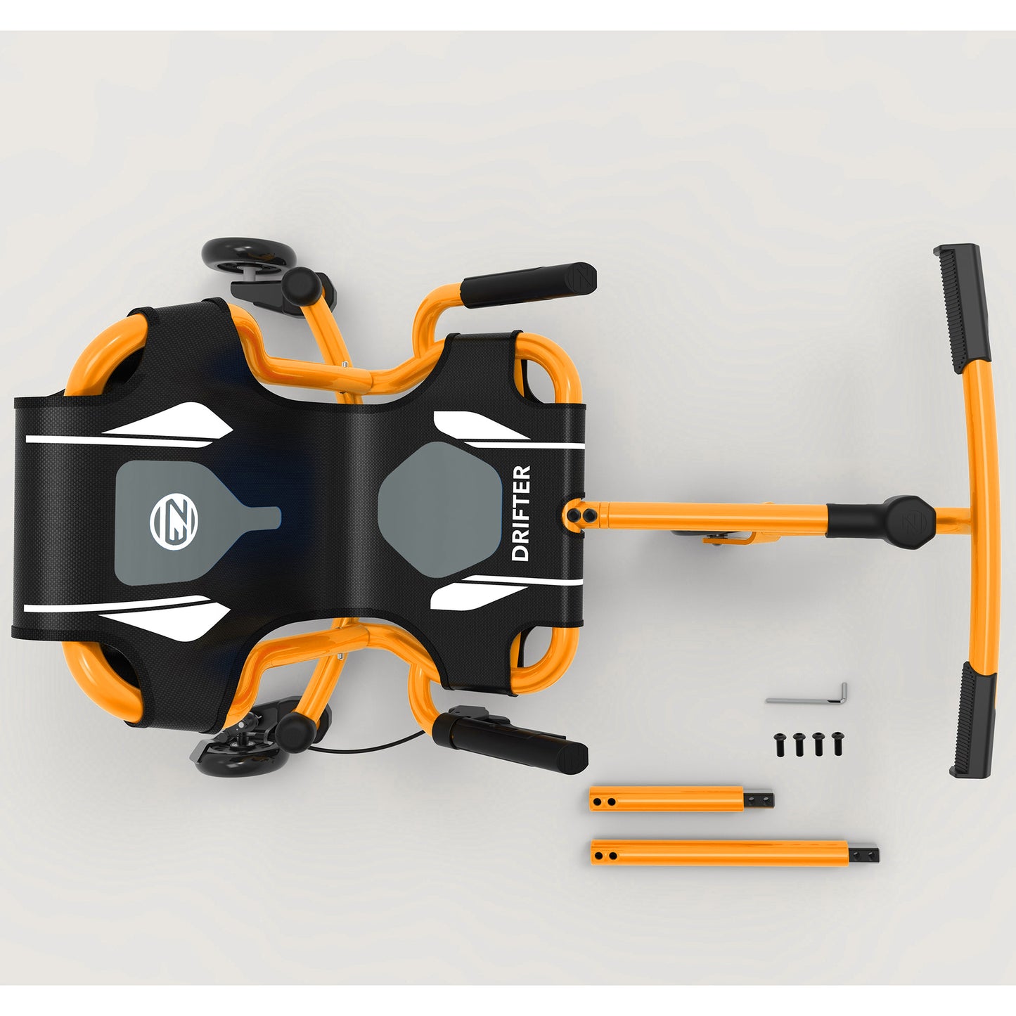 EzyRoller Drifter X orange and black ride-on toy with assembly parts