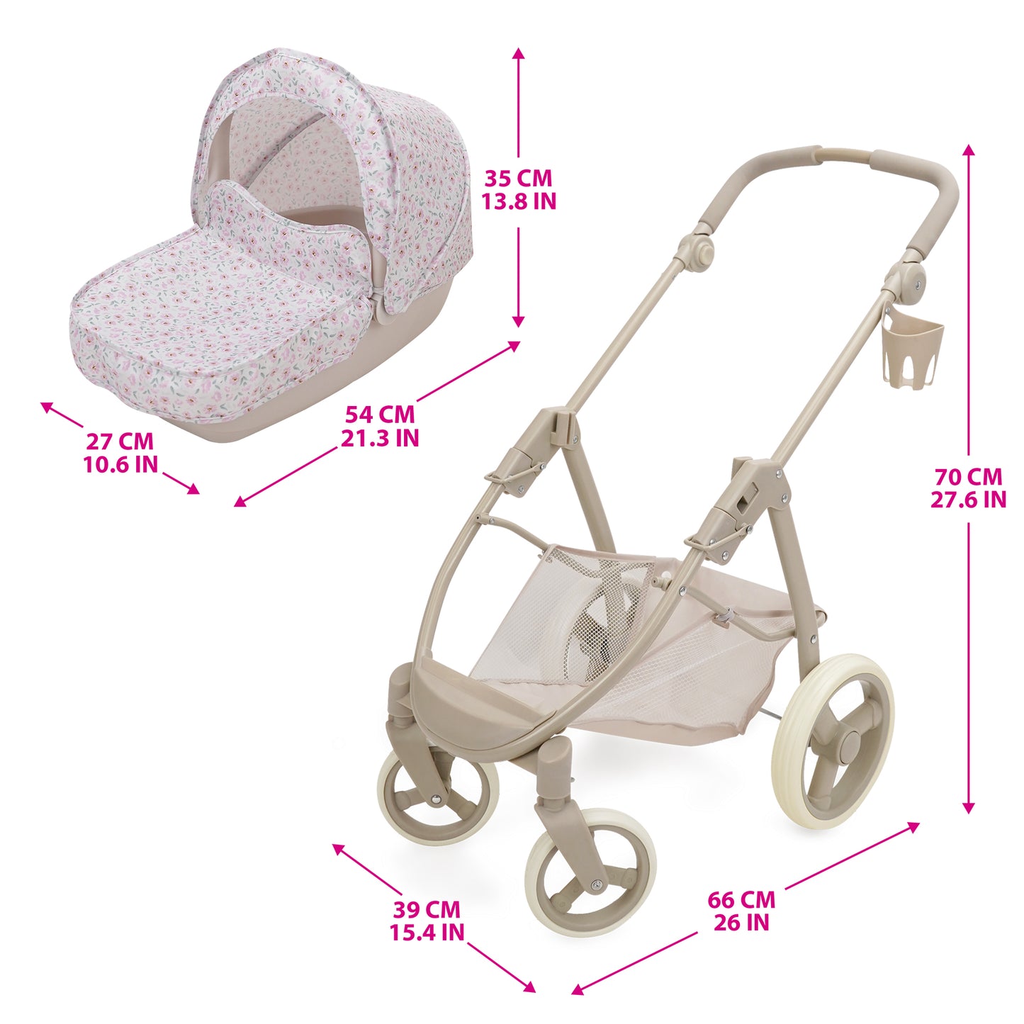 509 Crew Little Flora Bella 2-in-1 pink doll pram with convertible stroller and carrycot