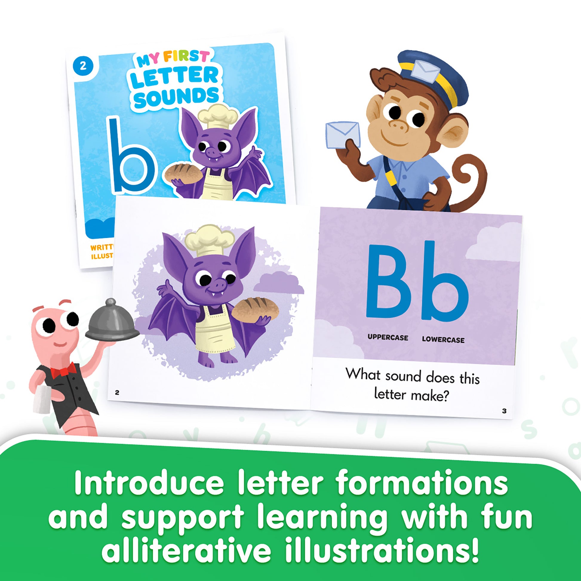 My First Letter Sounds Book 2 showing purple bat character and letter B with mailman monkey illustration