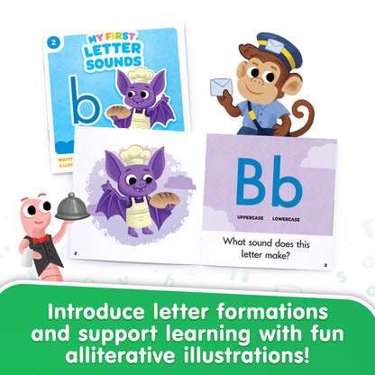 My First Letter Sounds Book 2 showing purple bat character and letter B with mailman monkey illustration