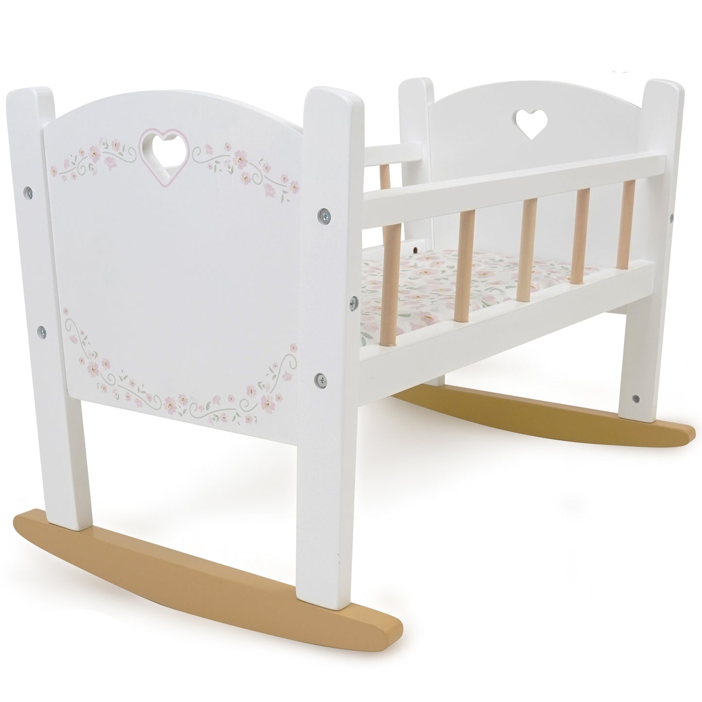 Little Flora Wooden Doll Cradle with white frame, natural wood rockers, and pink floral design