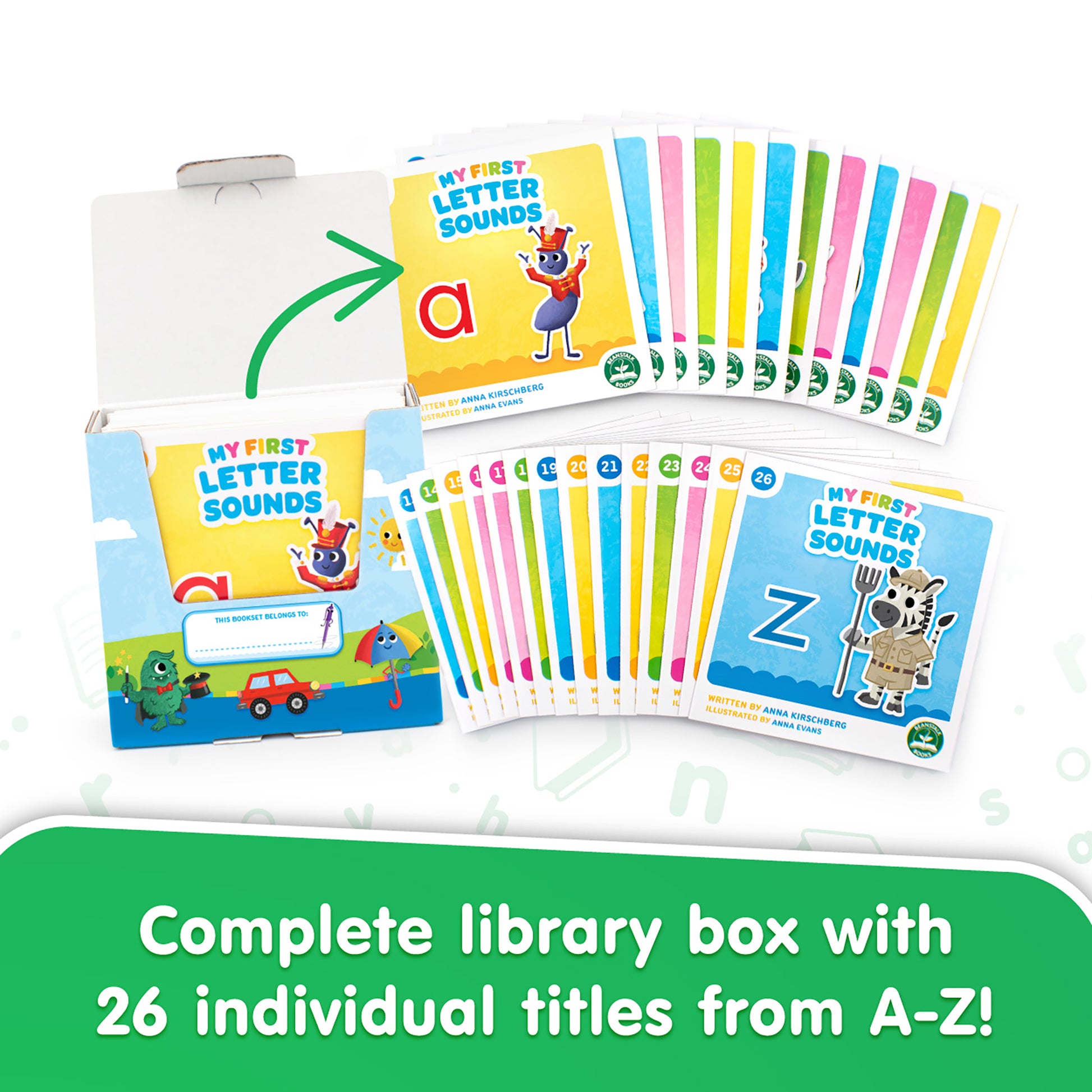 My First Letter Sounds 26-book ABC set with colorful picture books and storage box for learning phonics