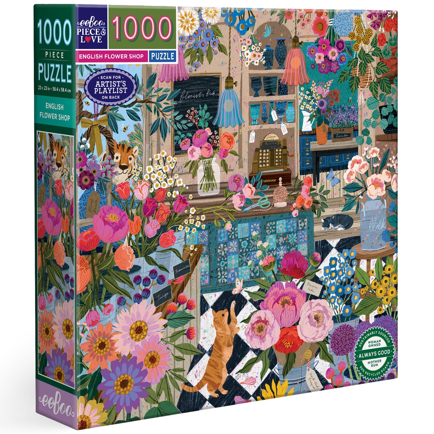 Piece&Love English Flower Shop 1000 Piece Jigsaw Puzzle with colorful floral artwork and dog illustration