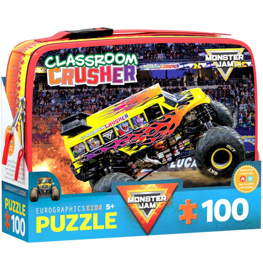 Monster Jam Classroom Crusher 100-piece puzzle with insulated lunch bag, featuring yellow and red truck
