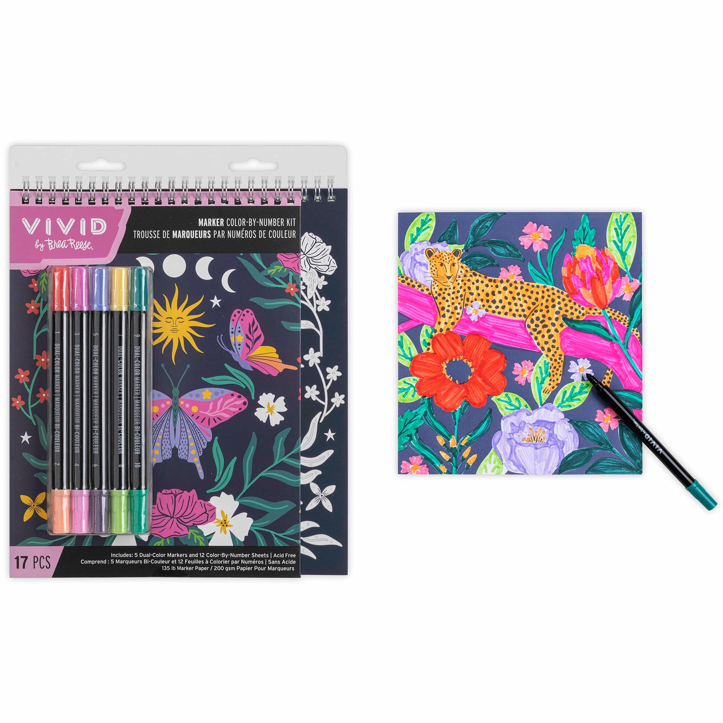 VIVID Marker Color By Number Kit: Whimsical Botanicals with 5 dual-tip markers and 12 coloring sheets
